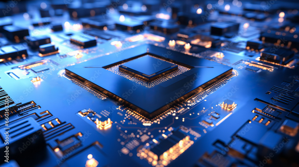 Poster closeup hardware background of motherboard. circuit cpu microchip digital processor. concept of tech