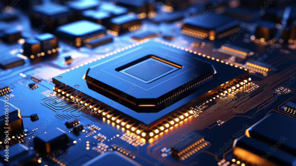 Poster closeup hardware background of motherboard. circuit cpu microchip digital processor. concept of tech