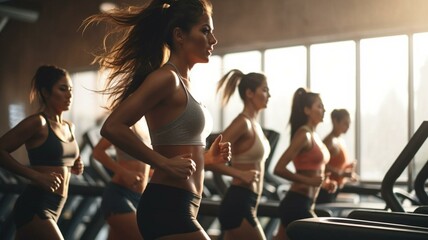 Women running on treadmills in the gym - obrazy, fototapety, plakaty