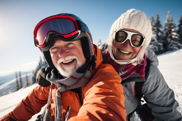Candid capture of a joyful senior couple showing vitality while travel by snowmobile in the mountains on winter holidays. Active lifestyle in retirement - obrazy, fototapety, plakaty
