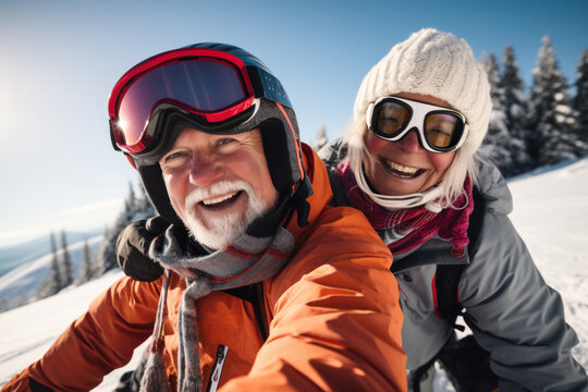 Candid Capture Of A Joyful Senior Couple Showing Vitality While Travel By Snowmobile In The Mountains On Winter Holidays. Active Lifestyle In Retirement