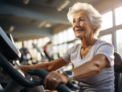 old woman training in gym. Healthy life with sport and fitness concept. Ai generative illustration
