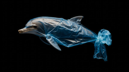Dolphin made of plastic bags are swiming in the ocean. Contamination of the Oceans. Marine plastic pollution concept. Environmental pollution. Ai generative