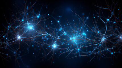 Naklejka na ściany i meble Brain stimulation activity with neuron close-up microscpoe illustration. Neurology, cognition, neuronal network, psychology, neuroscience scientific concepts. Ai generative
