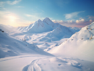Winter in mountains, snow blankets peaks, crisp air, skiing fun, cozy lodges, wildlife, and frozen waterfalls.
