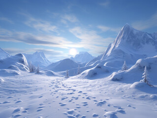 Winter in mountains, snow blankets peaks, crisp air, skiing fun, cozy lodges, wildlife, and frozen waterfalls.