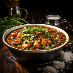 Gloriously spicy gumbo filled with mushrooms, tomatoes, black olives and rice