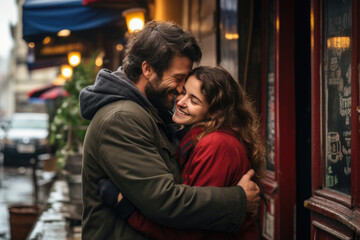 Fototapeta na wymiar A guy hugs a smiling girl on a busy city street. Romantic, love relationships