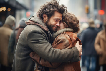 A couple in love hugs on a city street in winter. Waiting for separation, meeting after a long separation