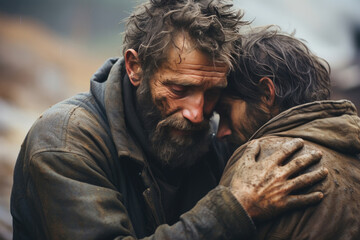 Two homeless people hug each other. Feeling of support, gratitude of community - obrazy, fototapety, plakaty