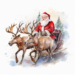 Santa Claus on his sleigh with reindeer water color  christmas clipart 