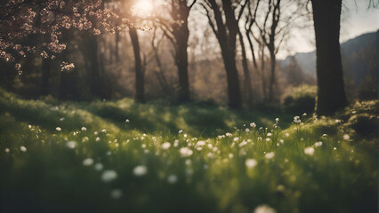 Beautiful spring landscape with blooming trees and grass in the morning