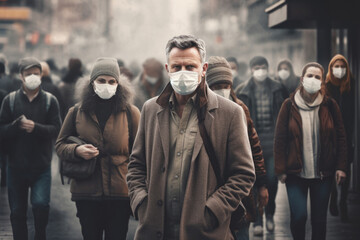 A man wearing a medical mask outdoors, surrounded by people also in medical masks. Concept of pandemic, new wave of coronavirus, quarantine - obrazy, fototapety, plakaty