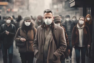 Fotobehang A man wearing a medical mask outdoors, surrounded by people also in medical masks. Concept of pandemic, new wave of coronavirus, quarantine © Konstiantyn Zapylaie