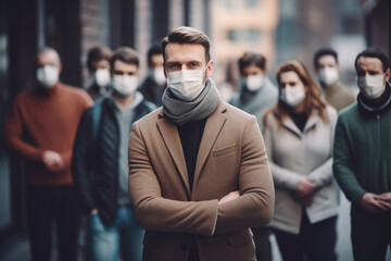 A man in a medical mask standing outdoors with a group of masked people. Illustrates the concept of pandemic, new wave of coronavirus, and quarantine - obrazy, fototapety, plakaty