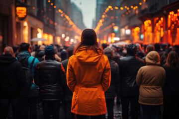 Photograph of back of woman on evening street, in front of which there are many people who have turned away;. Ignoring society, concept of cancel culture - obrazy, fototapety, plakaty