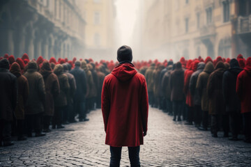 An image of an unrecognizable man standing with his back in front of whom many people turned away from him on a city street. Cancel culture concept, ignoring society - obrazy, fototapety, plakaty