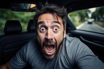 Portrait of a shocked emotional man on the road among cars. Road accident, problems on the road, car insurance
