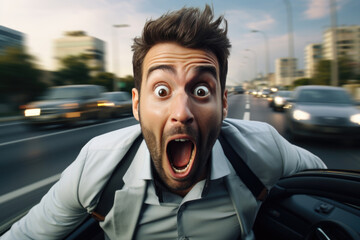 Portrait of a shocked emotional man on the road among cars. Road accident, problems on the road, car insurance - obrazy, fototapety, plakaty