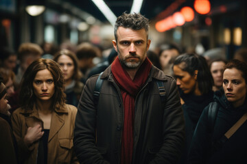 Obraz premium Society concept. a man looking at the camera behind whom there are many different people on a dark city street