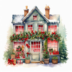 christmas decoration ion a water color house clip art 