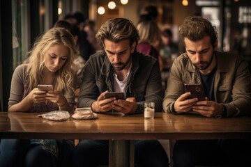 three people, two men and a woman, sitting at a table in a cafe with their heads buried in their phones