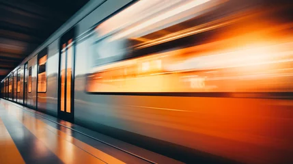 Zelfklevend Fotobehang High speed passenger train in motion - long exposure - Generative AI © chris3d