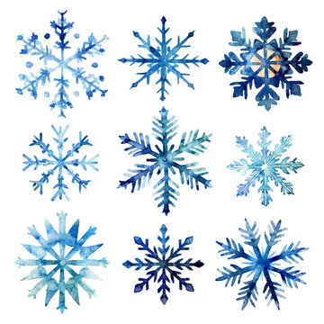 Set of nine blue snowflakes on a white background. Watercolor Decorative elements for Christmas, New Year.