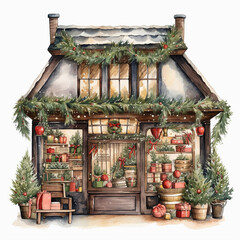 water color christmas home with snow clipart 