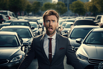 Man in disbelief amidst a vehicle-crowded roadway - obrazy, fototapety, plakaty