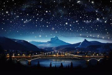 New Year's atmosphere. A bridge burning with bright lanterns and lights against the backdrop of the starry sky and mountains at night.