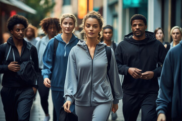 Various people walk along a city street in comfortable tracksuits that give ease of movement.
