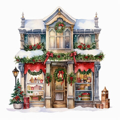 Fototapeta na wymiar water color christmas home with snow clipart 