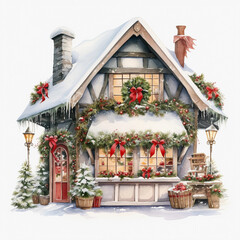 water color christmas home with snow clipart 