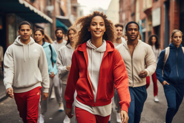 Fototapeta premium Various people walk along a city street in comfortable tracksuits that give ease of movement.