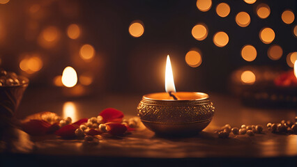 Obraz na płótnie Canvas Candle light in the dark with bokeh background. Happy Diwali