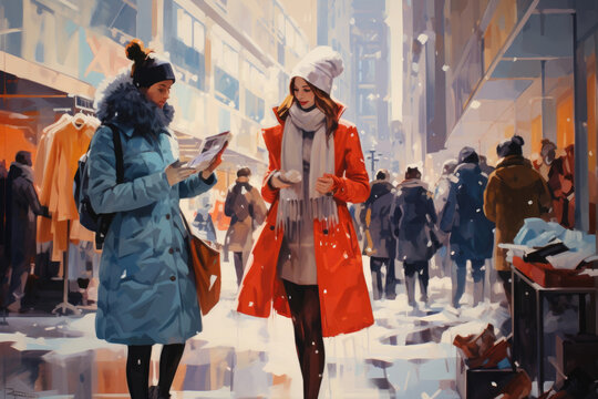 Christmas and New Year sales in stores. Two girls choose clothes in a store