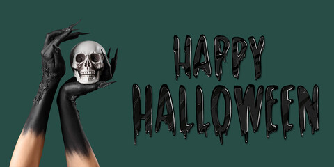 Greeting card for Happy Halloween with witch hands and human skull