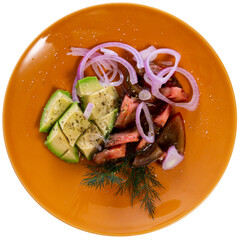Simple and healthy salad of tomatoes, avocado, onion and dill sprinkle with chopped dry herbs and...