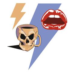 T-shirt design of the thunderbolt symbol along with sexy lips and a skull-shaped mug. Glam rock poster.