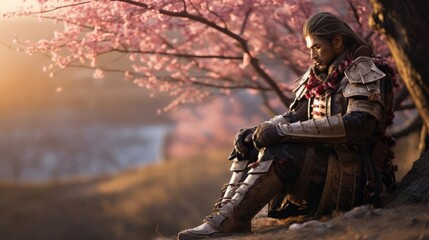 a battle-weary samurai rests under a tree