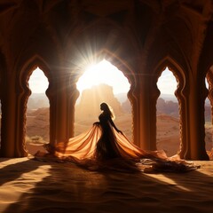 girl in an ancient temple in the middle of the desert with a sandy floor and streams of sunlight