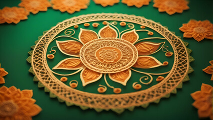 Close up of a beautiful mandala on a green background with copy space