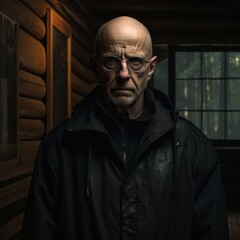 an evil old bald man with glasses, wearing a black zipped up fleece jacket, blank expression, standing in a wood cabin