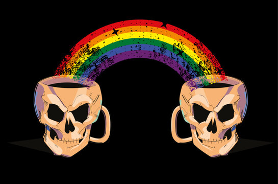 T-shirt design of two skull-shaped mugs joined by a multicolored rainbow isolated on black. Good illustration for gay pride day.