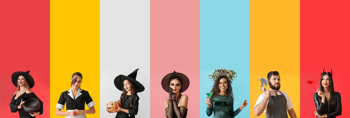 Set of many people dressed for Halloween party on color background