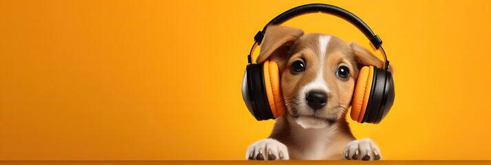 Cute dog with headphones listening to music on orange background. Banner.