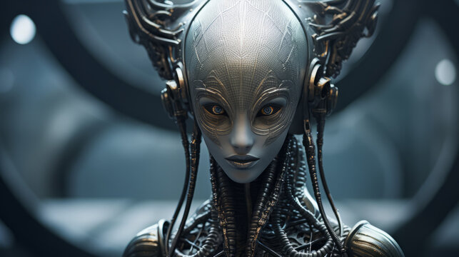 Extraterrestrial alien Queen with glowing eyes standing in a futuristic spaceship.