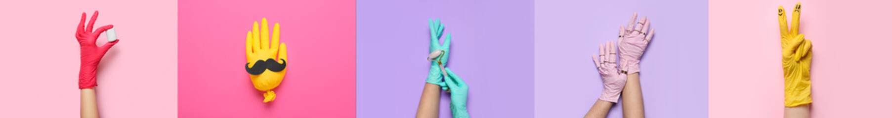 Woman in rubber glove with marshmallow on pink background