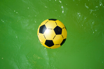 Fototapeta premium composition of a yellow plastic soccer ball on green water.